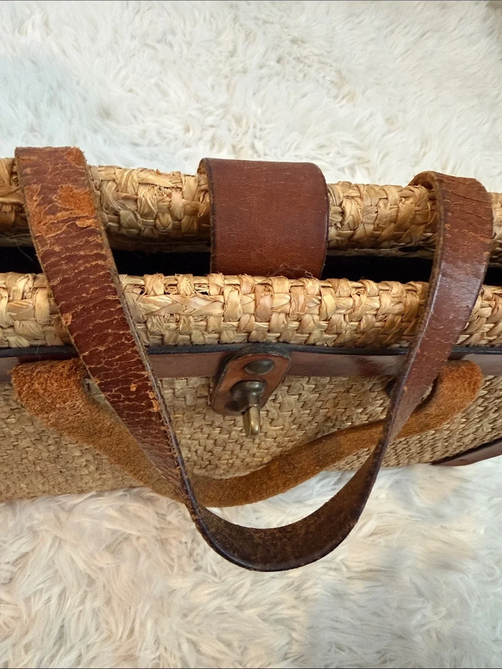 1960’s John Romain Bohemian Straw Attaché Bag  with Brown Leather Trim